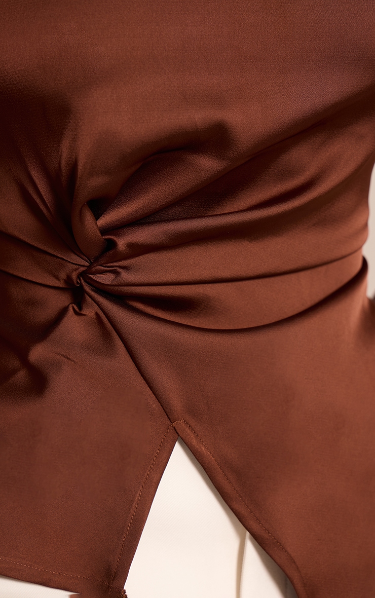 Brown Satin Twist Waist Long Top image 4