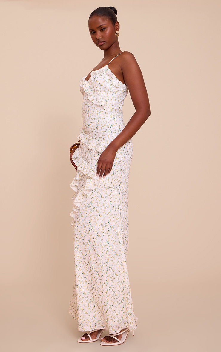 Robe longue blanche imprimé petites fleurs brodée à volants image 3