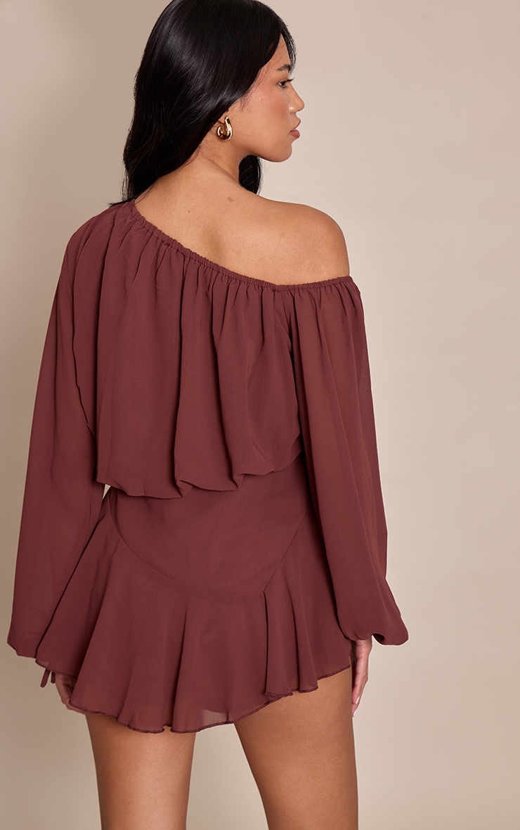 Combishort jupe-short fluide en mousseline de soie chocolat à col bardot image 2