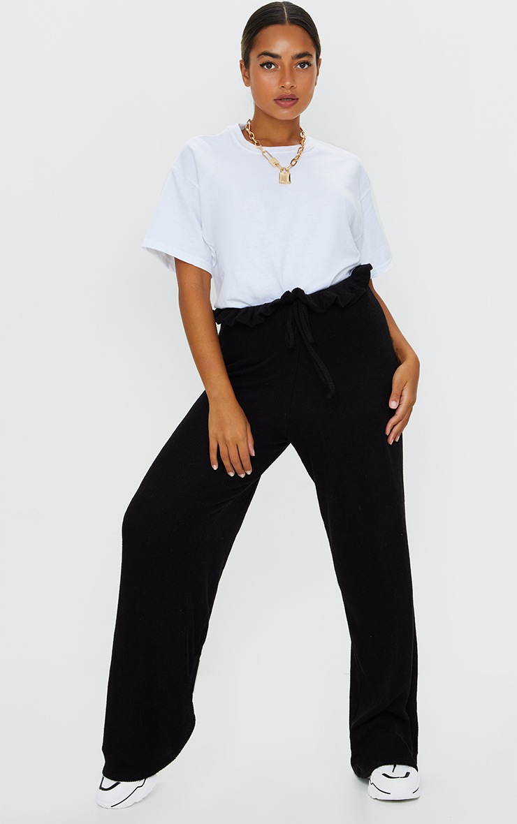 Petite Black Ruched Waist Brushed Rib Jogger