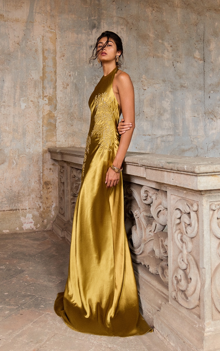 PLT Label Golden Olive Satin Embroidered Maxi Dress image 4