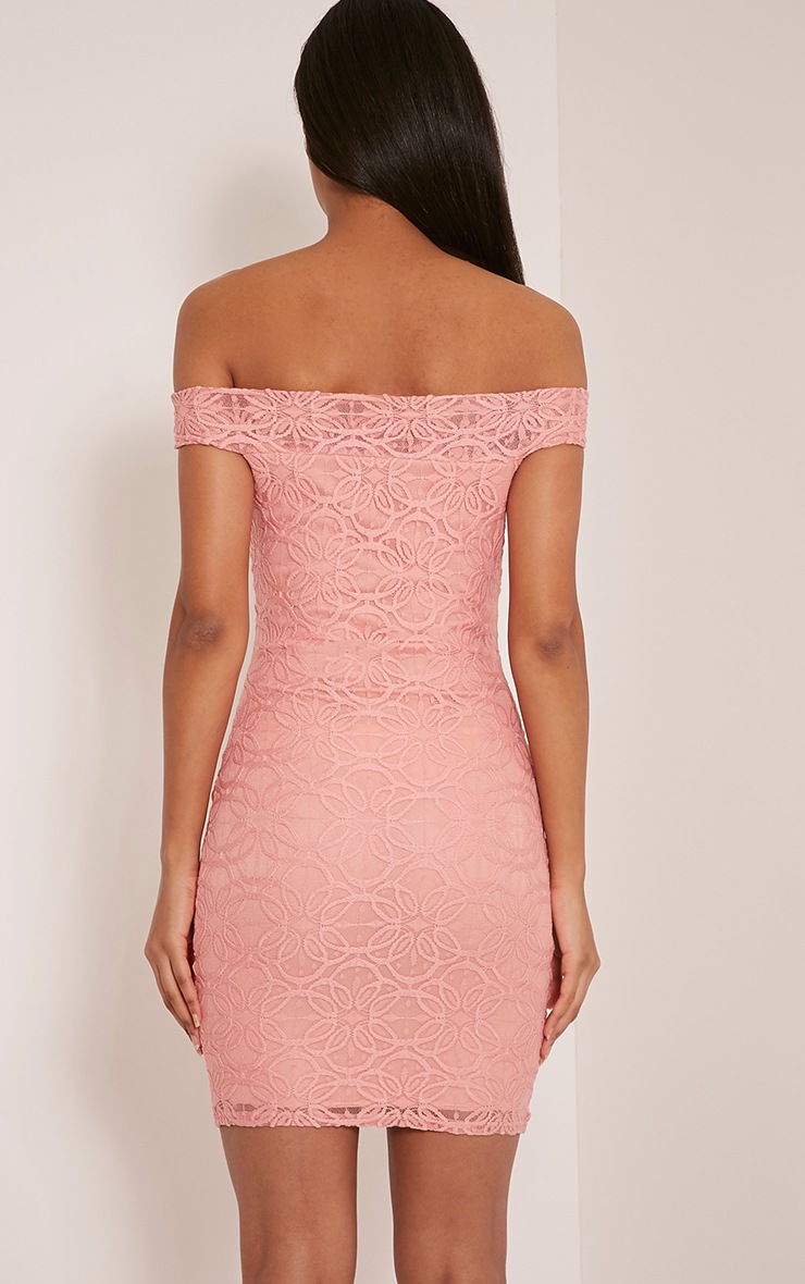 Aida Blush Bardot Lace Bodycon Dress PrettyLittleThing