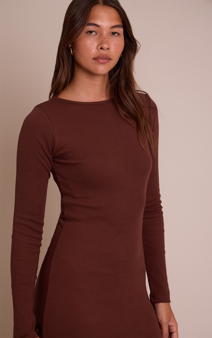 Chocolate Ribbed Boat Neck Long Sleeve Bodycon Maxi Dress image 4