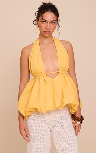 Yellow Woven Plunge Halter Neck Puffball Top