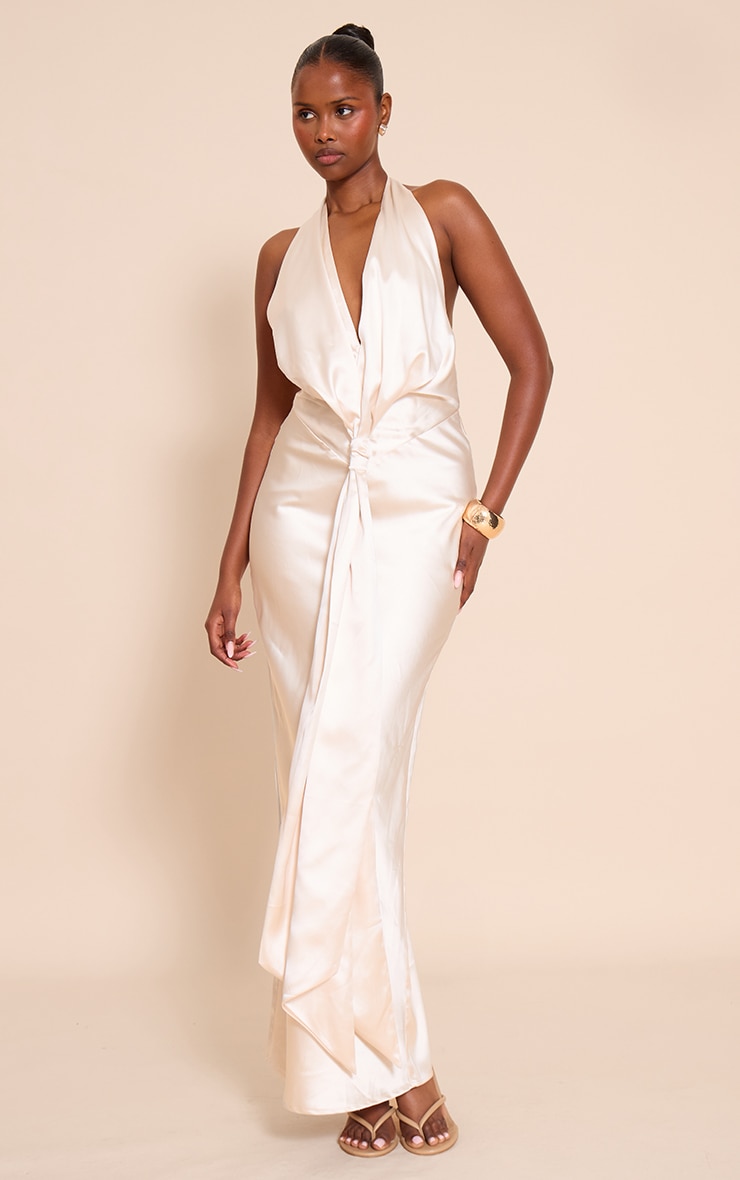 Cream Satin Knot Detail Maxi Dress image 1