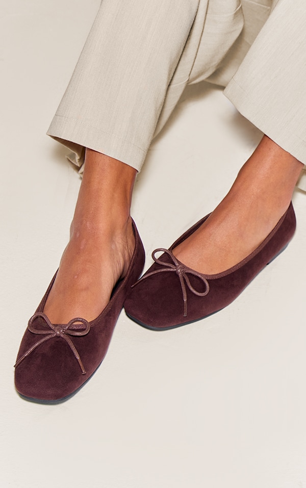 Chocolate Faux Suede Square Toe Ballet Flats