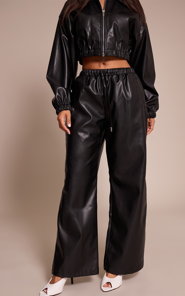 Petite Black Faux Leather Elasticated Wide Leg Pants image 2