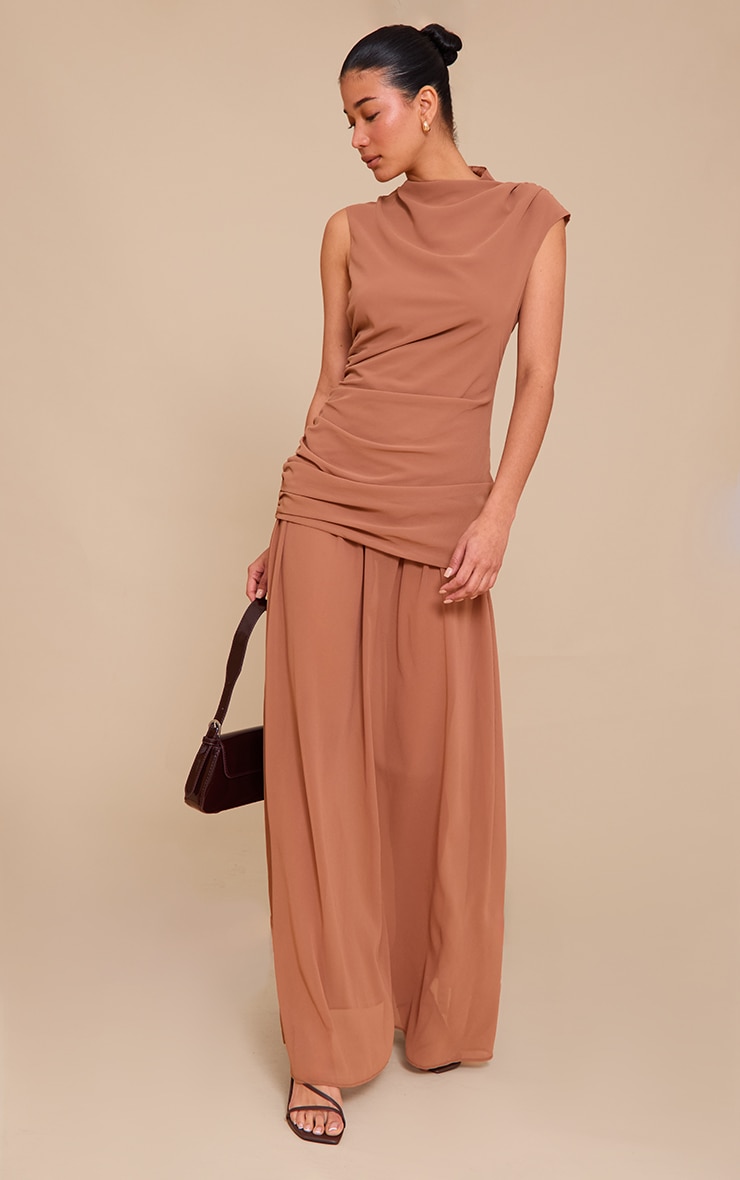 Mocha Chiffon Ruched Dropped Waist Sleeveless Maxi Dress image 3