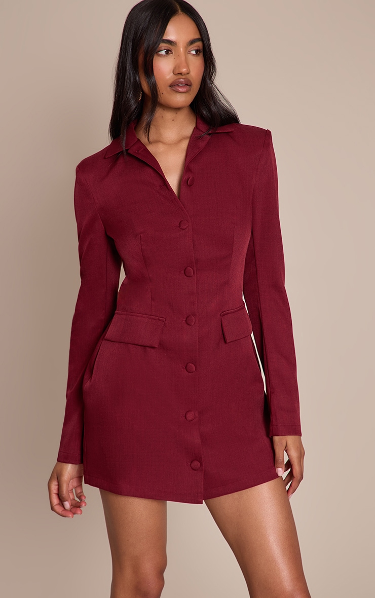 Burgundy Tailored Button Up Pocket Detail Mini Dress