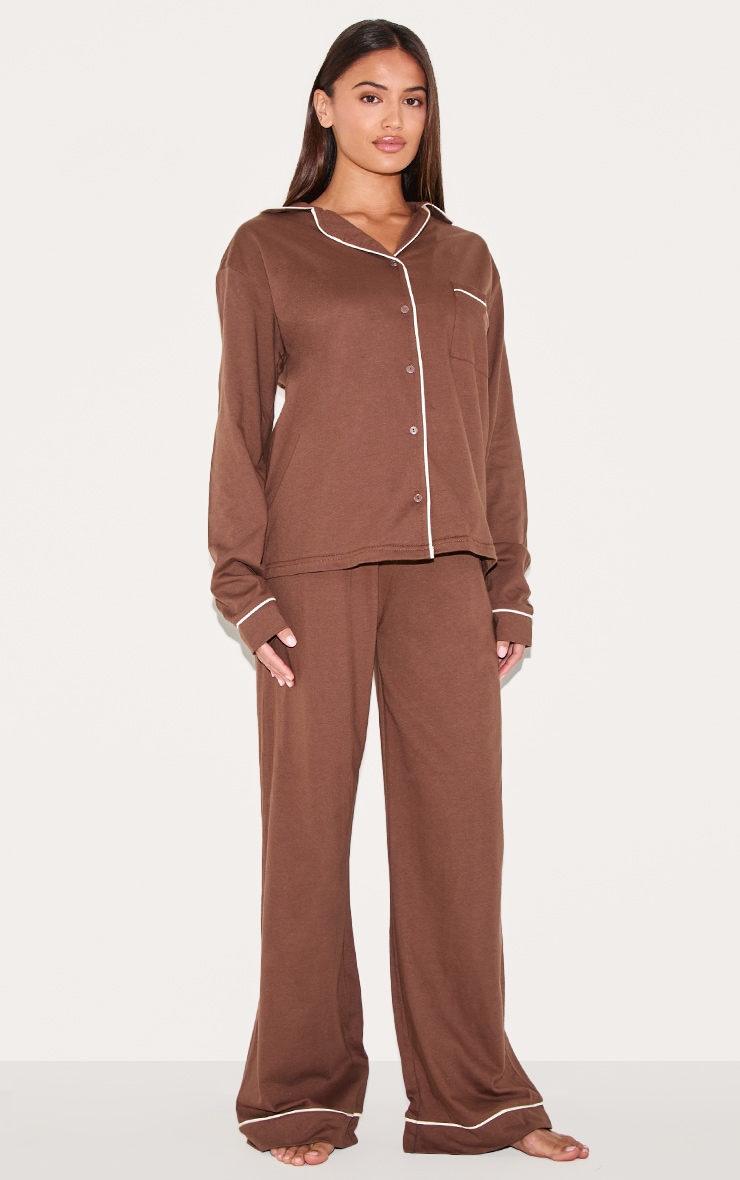 Chocolate Jersey Contrast Piping Detail Long Pj Set image 3