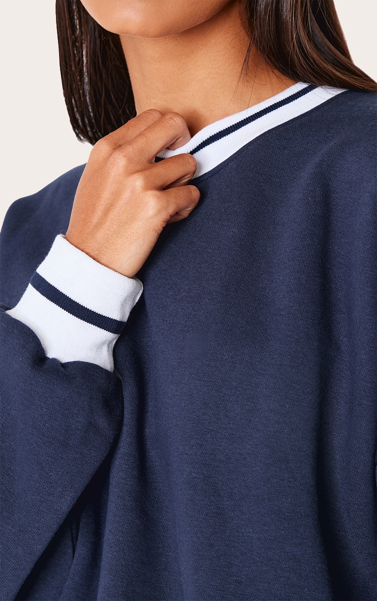 Navy Striped Ribbed Hem Oversized Sweatshirt image 4