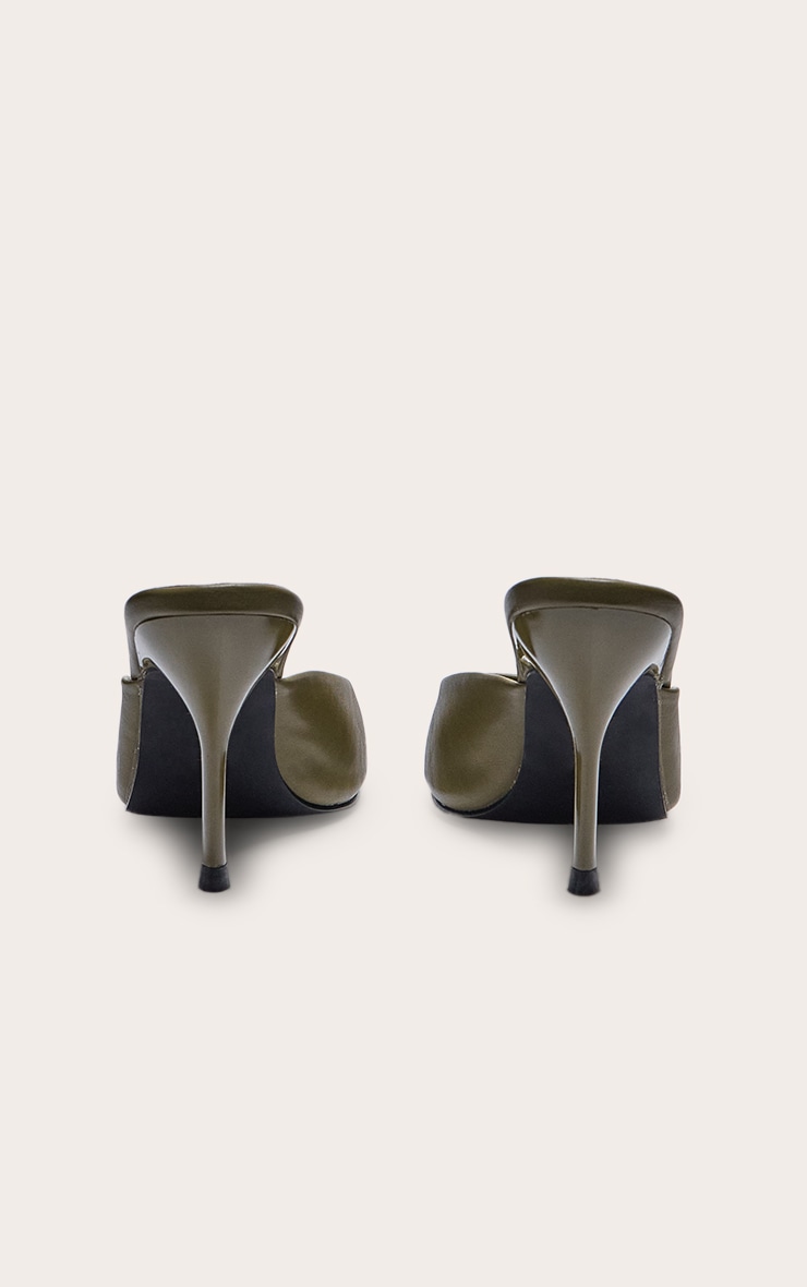 PrettyLittleThing.com Olive PU Square Toe High Stiletto Heeled Mules - Image 3