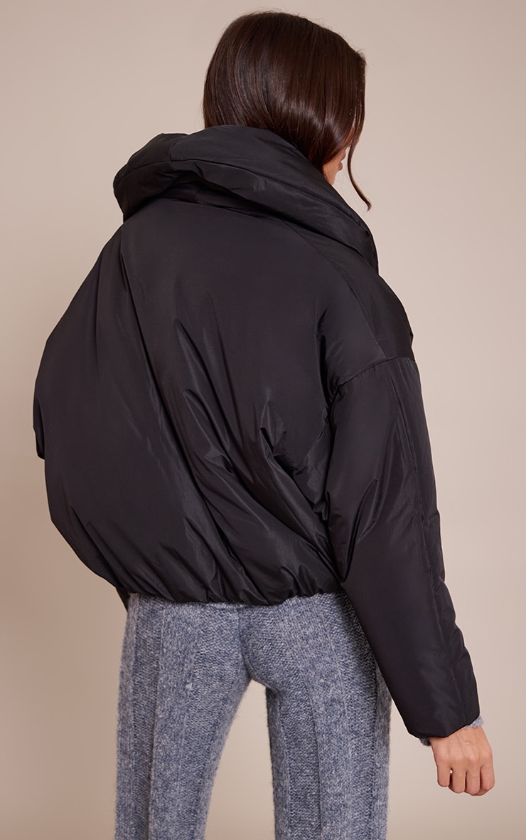 Black Exaggerated Collar Shell Puffer Jacket image 2