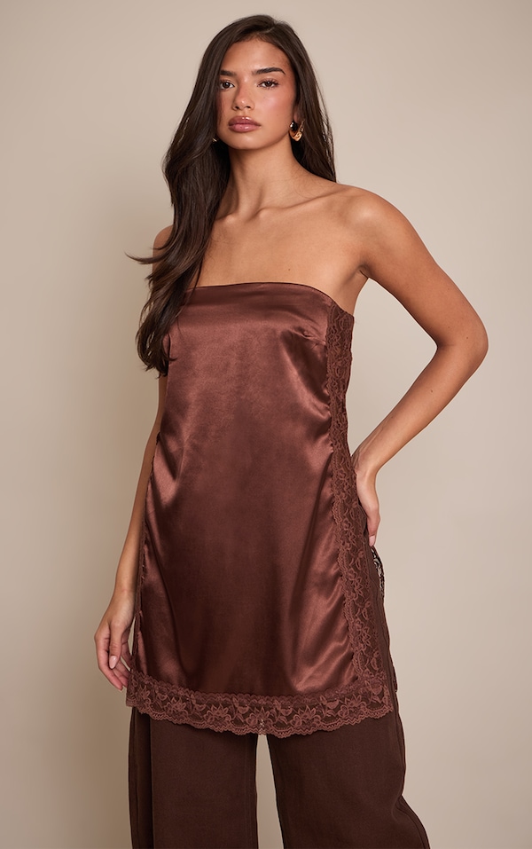 Chocolate Satin Lace Trim Detail Longline Bandeau Top