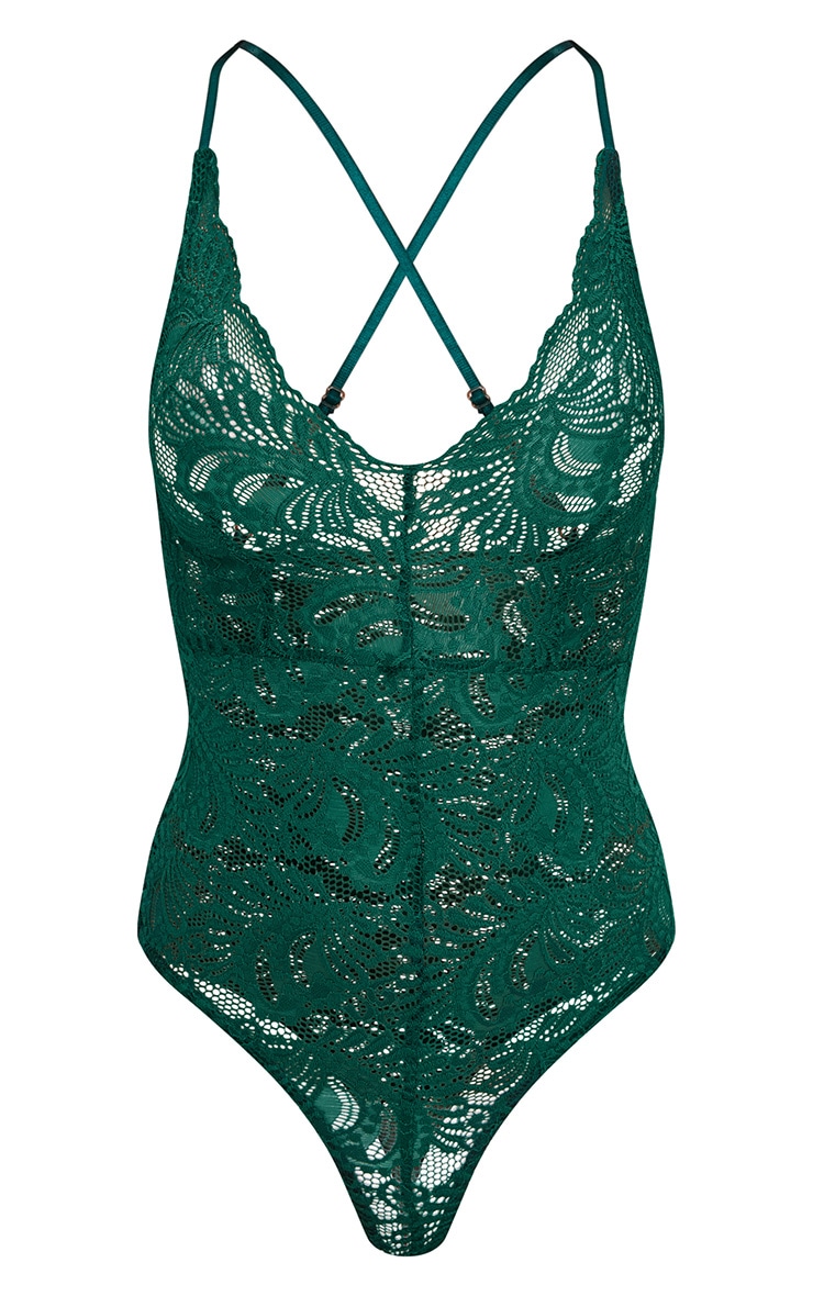 Dark Green Sheer Lace Cross Back Bodysuit PrettyLittleThing