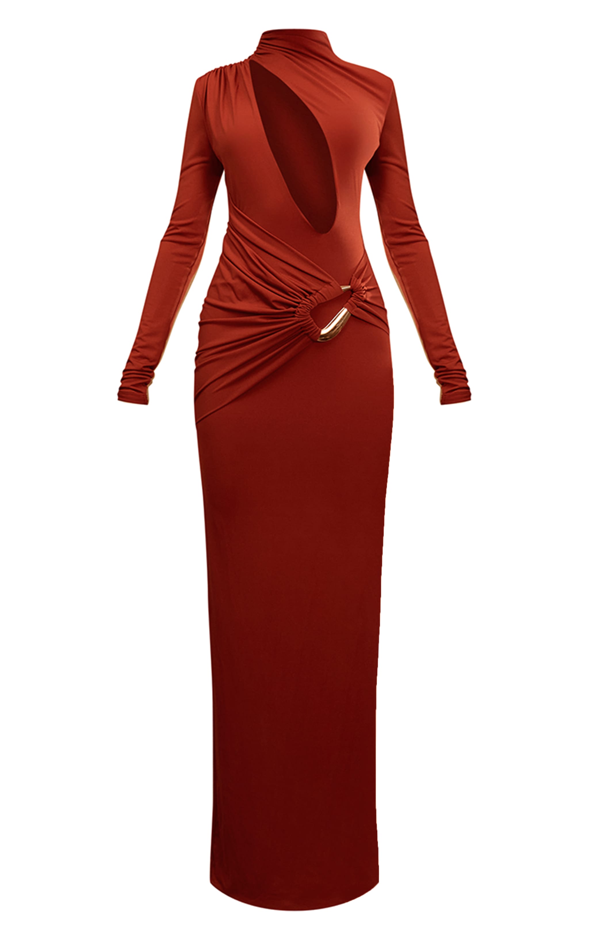 PLT Label Rust Double Layer Slinky Trim Detail Asymmetric Plunge Maxi Dress image 5