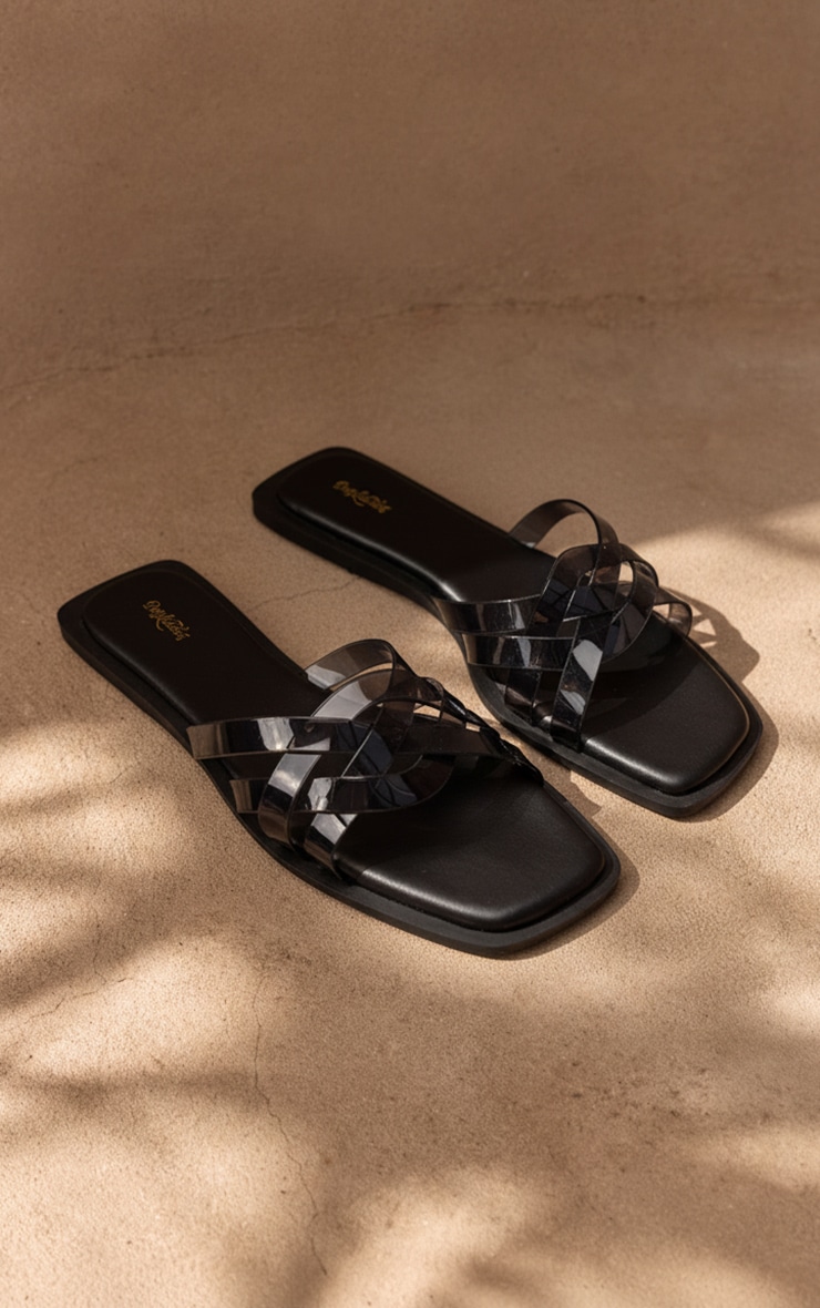 Black Perspex Weave Flat Sandals