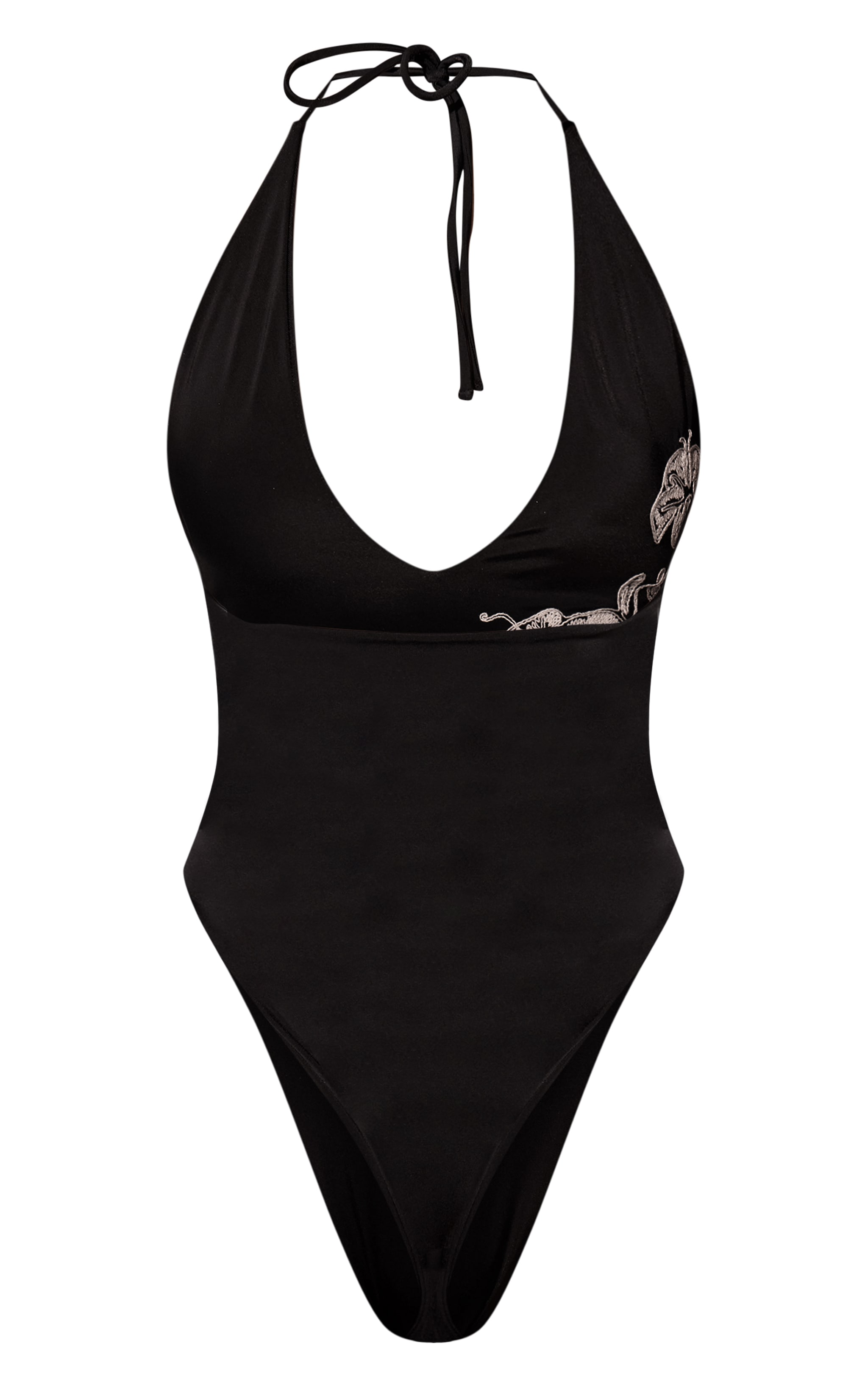 Black Embroidered Flower Plunge Swimsuit image 6