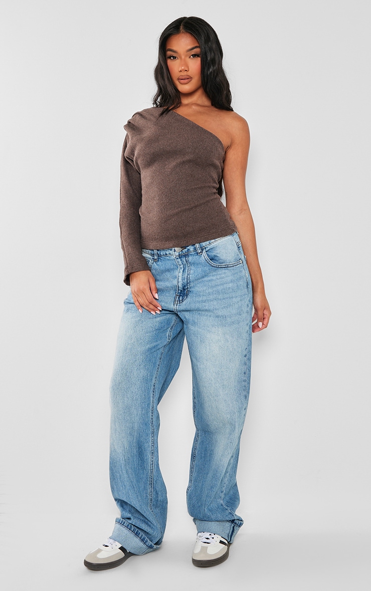 Chocolate Brushed Rib Asymmetric Shoulder Long Top image 3