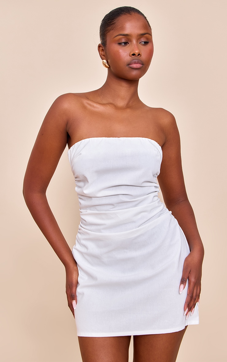 White Bandeau Ruched Mini Shift Dress image 1
