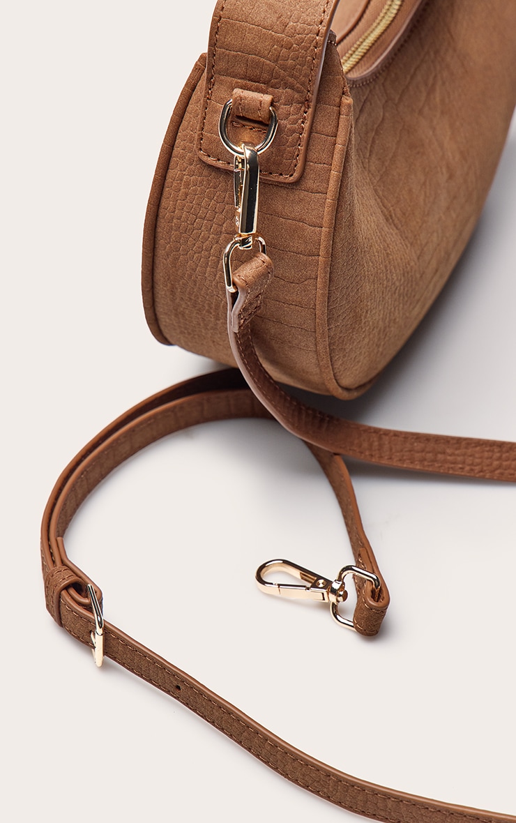 Tan Faux Suede Croc Crescent Shoulder Bag image 5