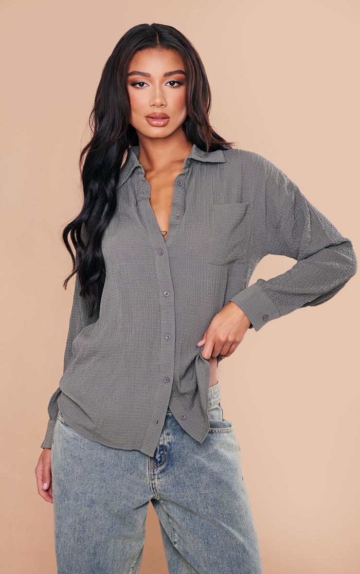 Charcoal Textured Pocket Front Oversized Shirt image 1
