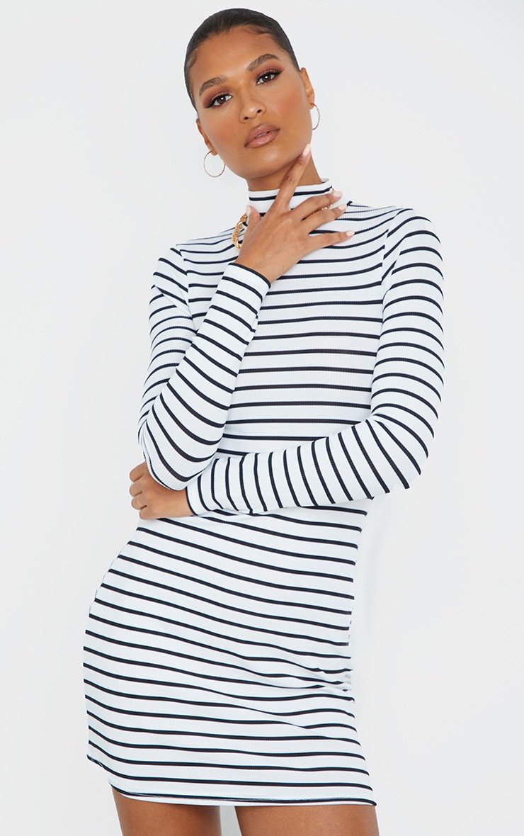 Monochrome Rib Stripe High Neck Long Sleeve Bodycon Dress