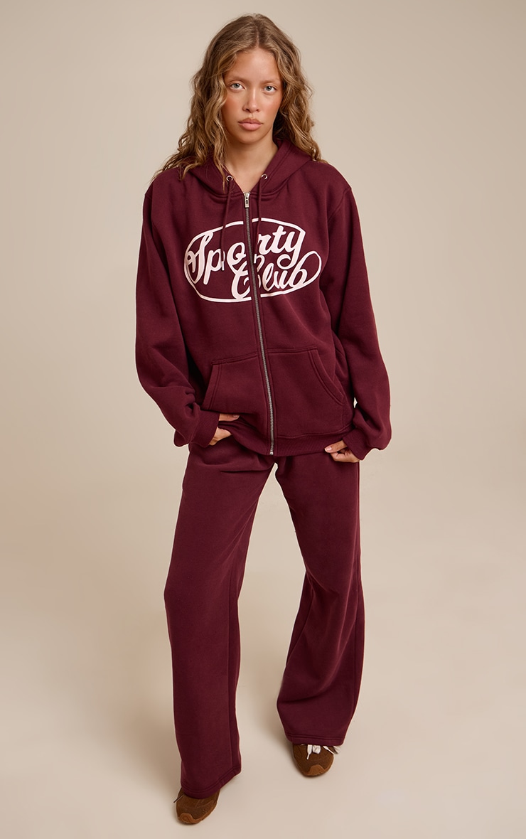 Hoodie oversize en coton polaire rouge vin imprimé "Sports Club" à zip image 3