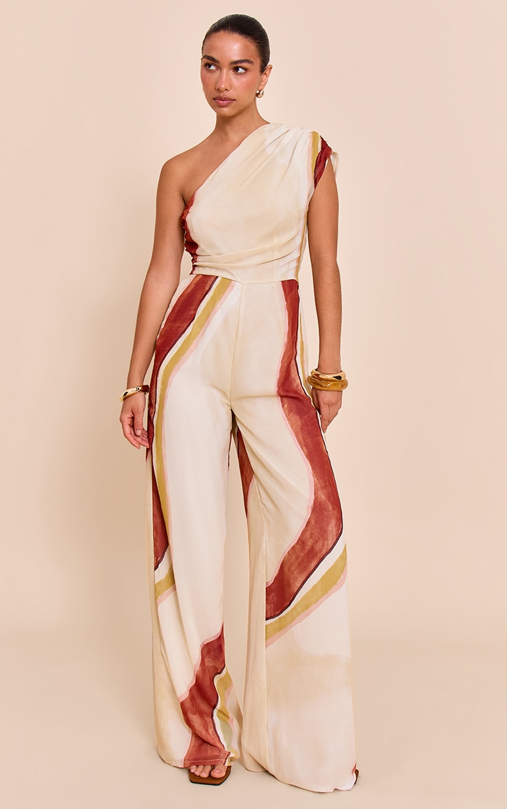 Cream Abstract Chiffon One Shoulder Ruched Jumpsuit image 1