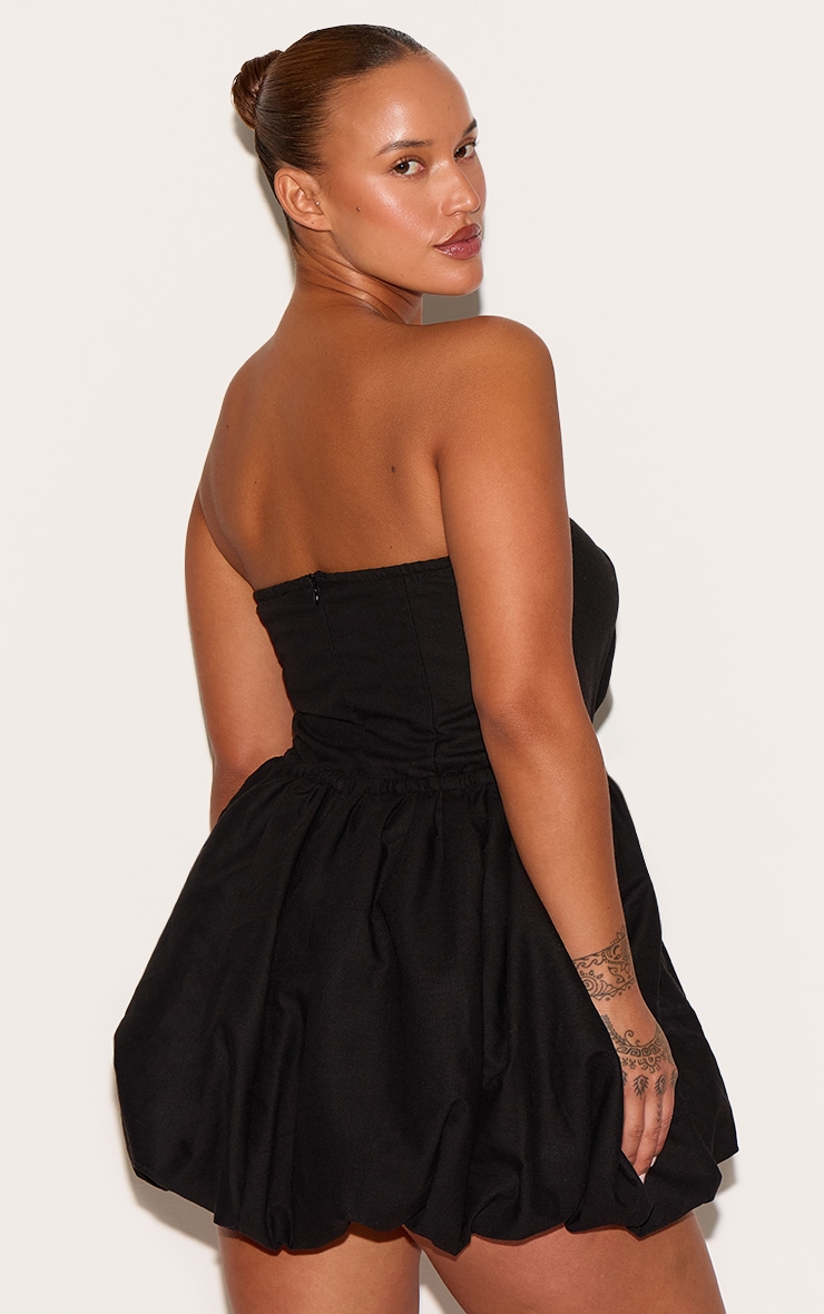 Plus Black Linen Bandeau Tie Waist Puffball Dress image 2