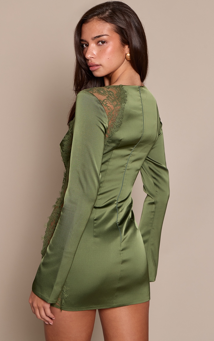 Khaki Satin Long Sleeve Boat neck Lace Detail Mini Dress image 2