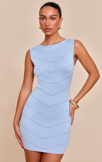 Mini robe en maille pointelle douce bleue à col bateau