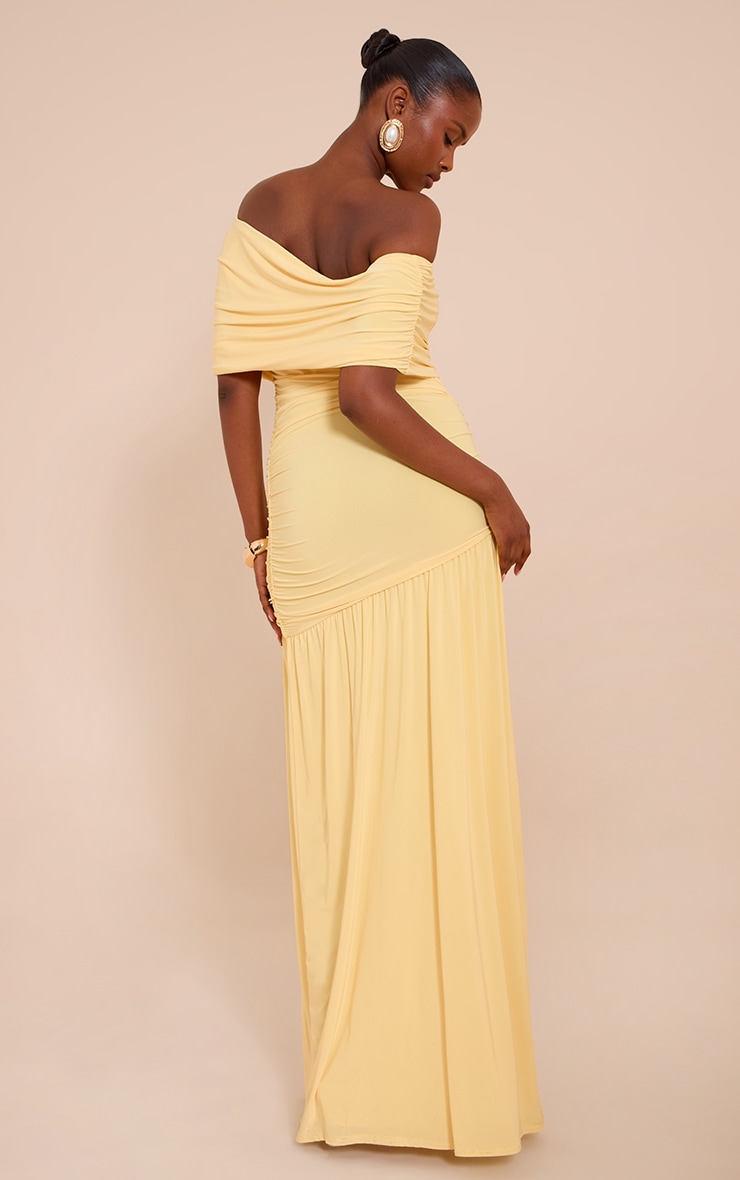 Robe longue moulante jaune citron froncée à col bardot superposé et épaule unique image 2