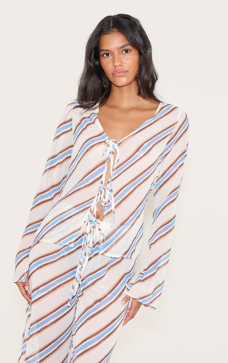Blue Stripe Tie Detail Floaty Long Top image 1