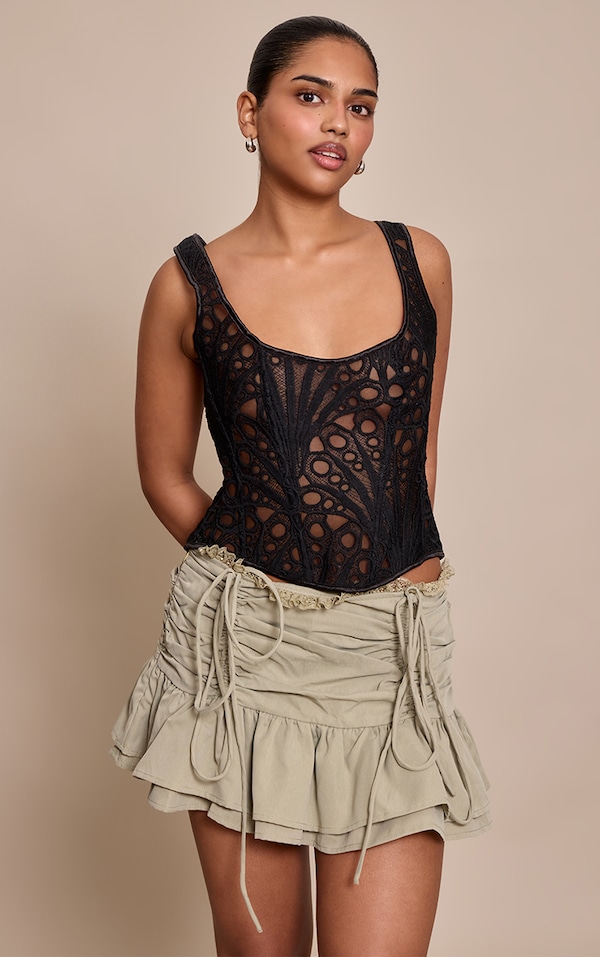 Petite Sage Ruched Front Lace Trim Frill Hem Mini Skirt