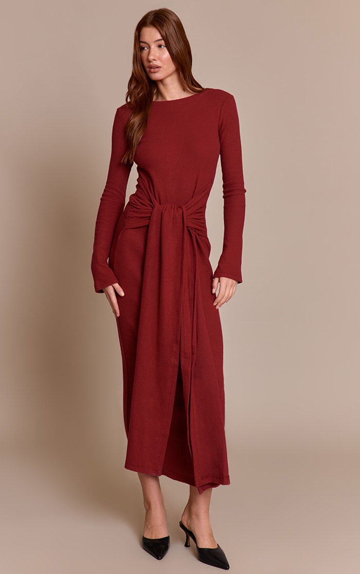 Wine Heavy Brushed Rib Wrap Tie Maxi Dress