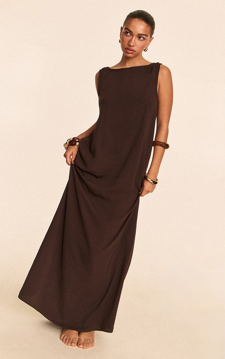 Chocolate Floaty Woven Boat Neck Maxi Beach Dress image 3