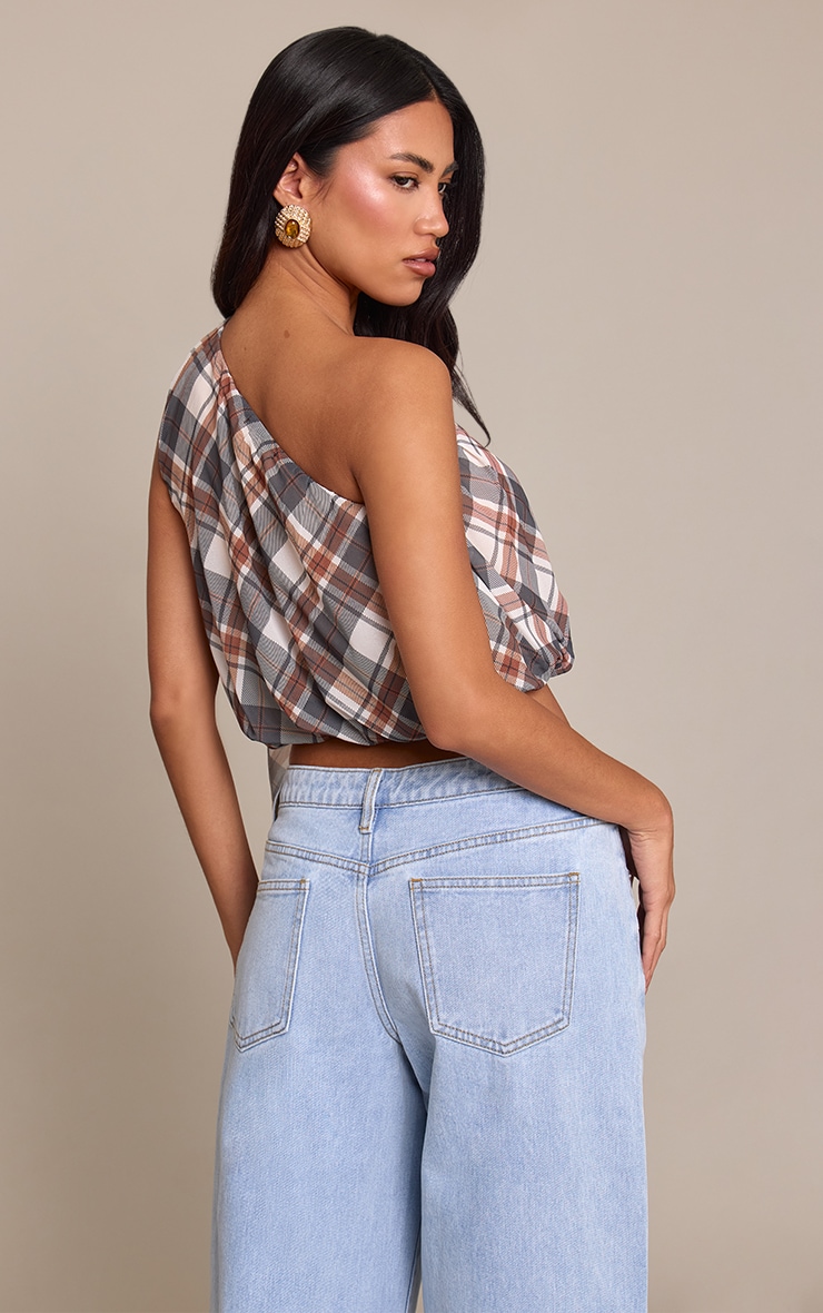 Brown Check Print Chiffon Scarf Detail Puffball image 2