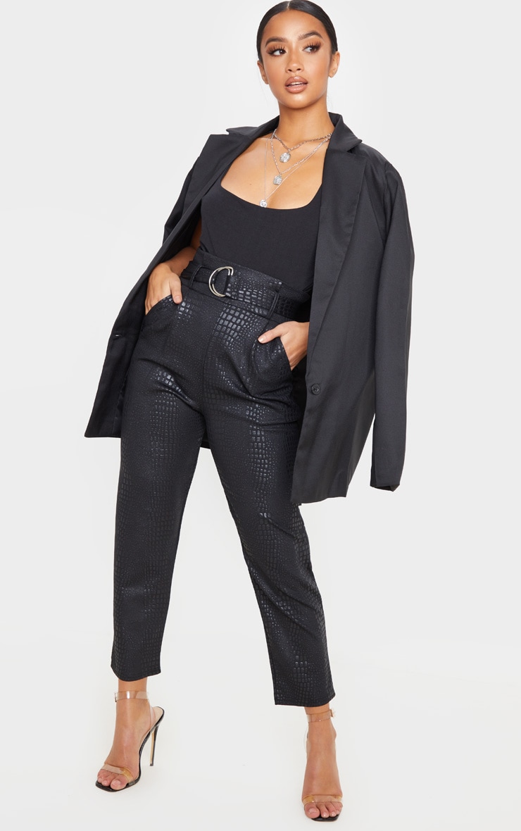 Petite Black Croc D Ring Belted Skinny Trouser