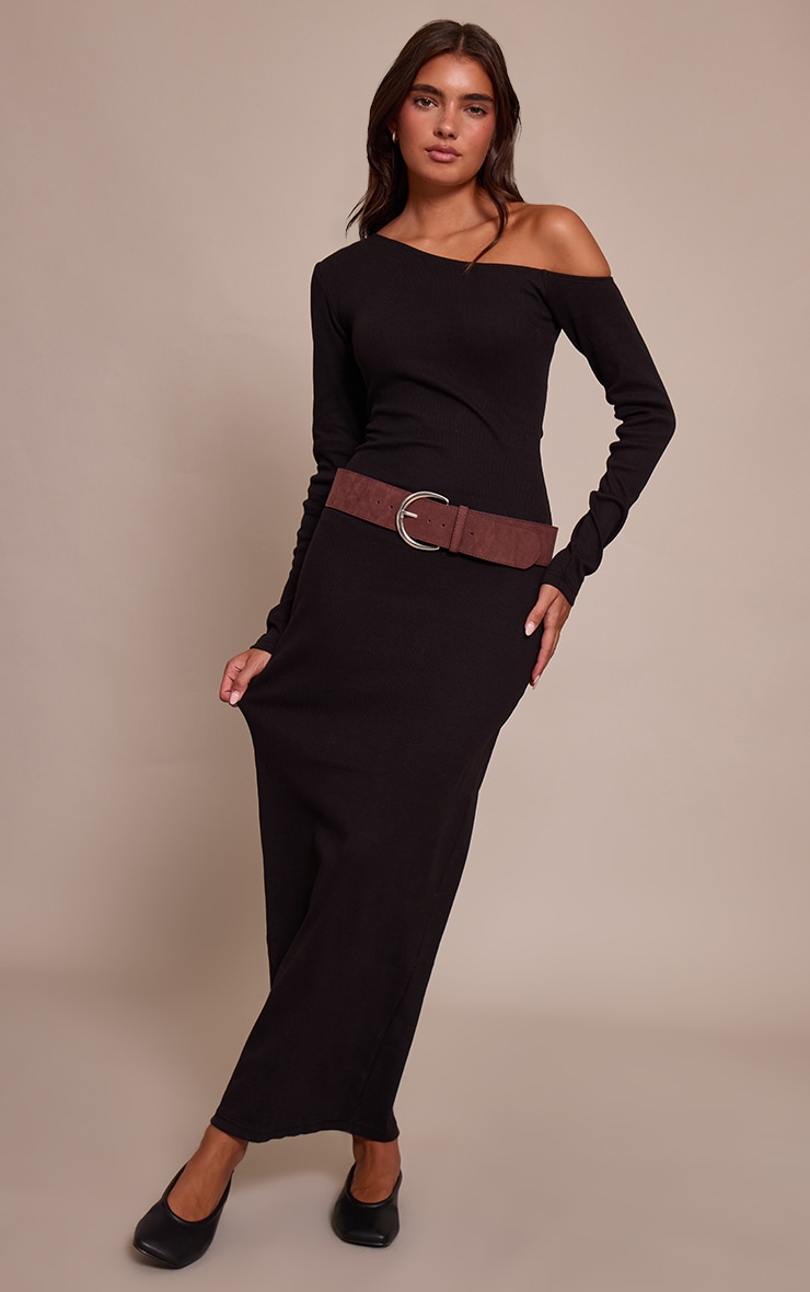 Black Ribbed Asymmetric Long Sleeve Maxi Dress image 1