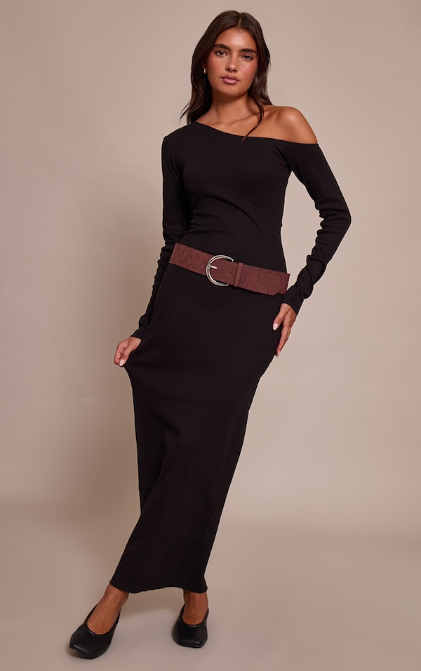 Black Ribbed Asymmetric Long Sleeve Maxi Dress