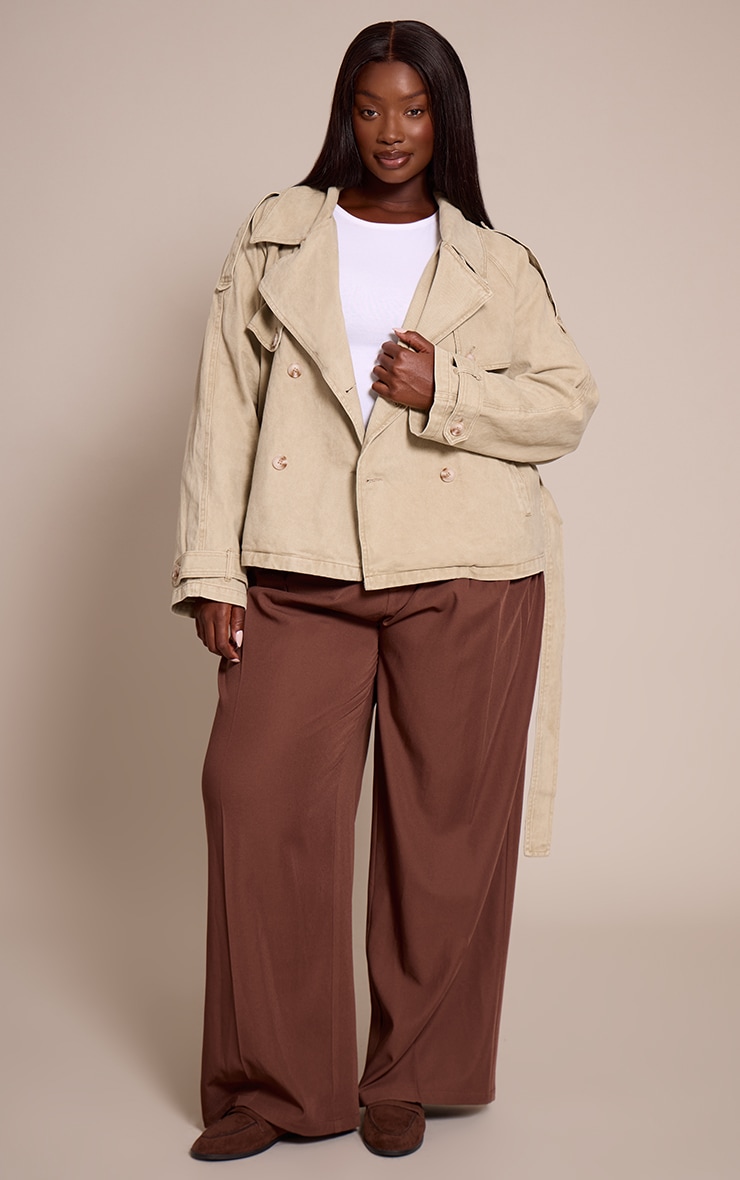 Plus Stone Belted Button Detail Cropped Denim Trench image 3