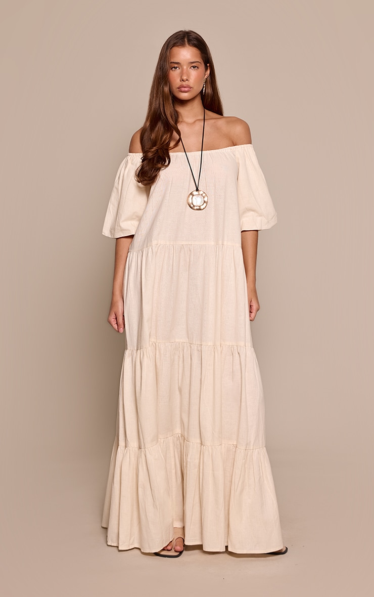 Cream Linen Look Bardot Tiered Maxi Dress