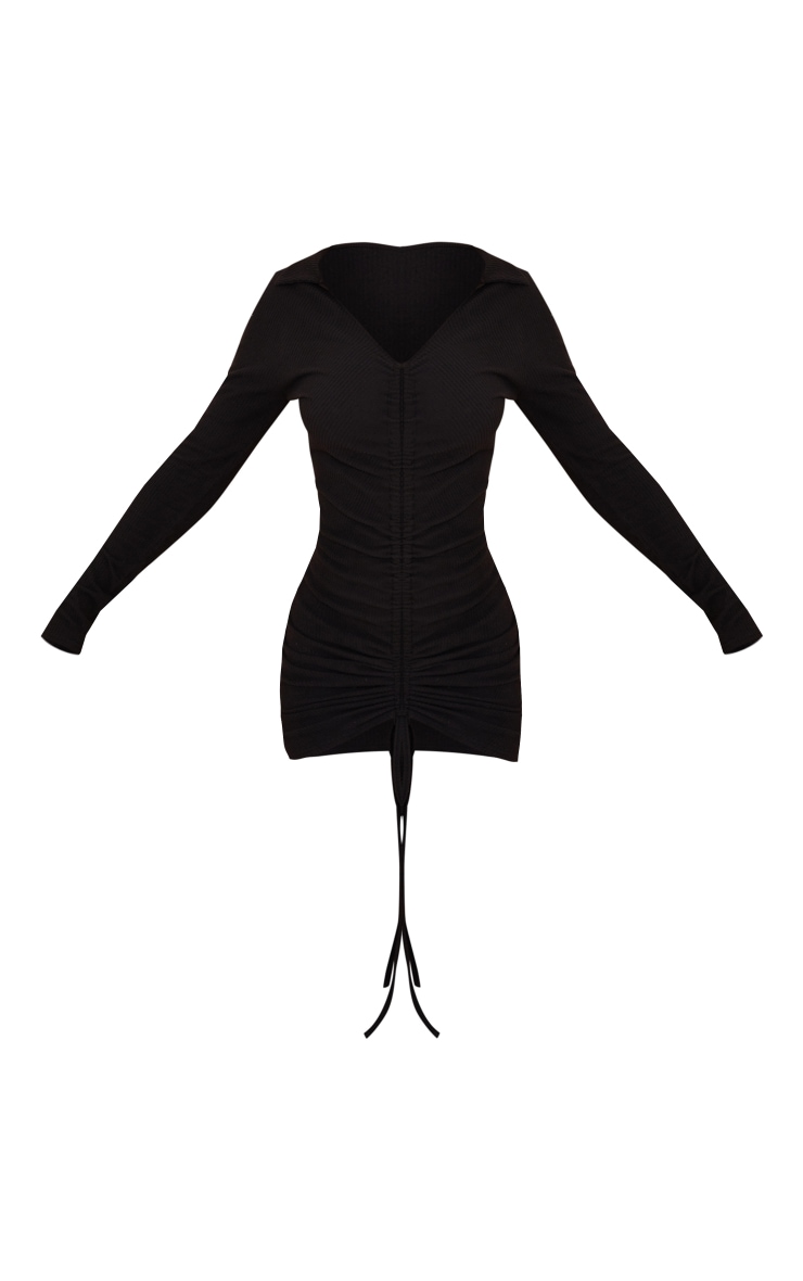 Black Brushed Rib Ruched Centre Shirt Dress image 5