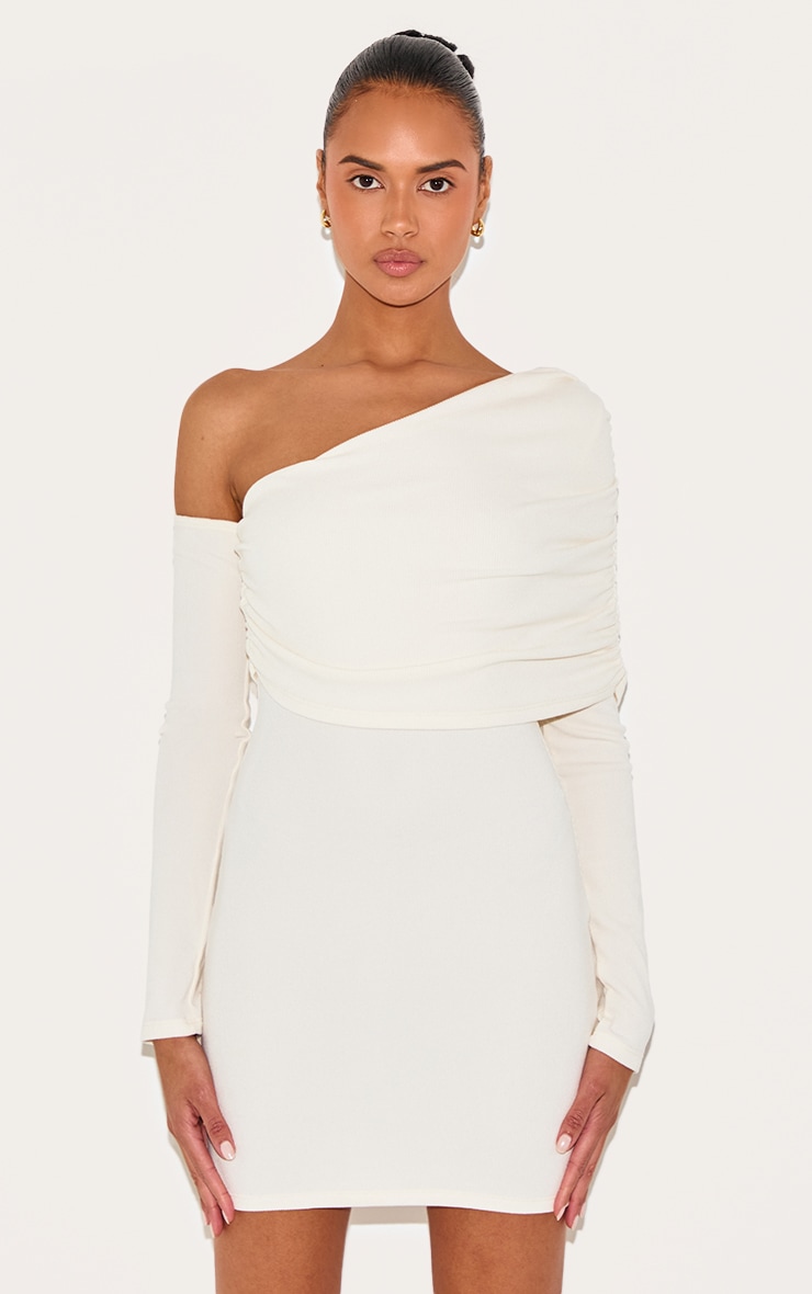 Cream Rib Bardot Long Sleeve Bodycon Dress image 3
