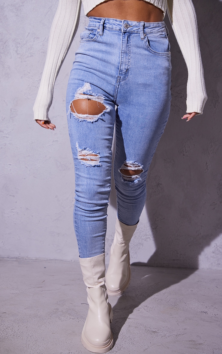 PRETTYLITTLETHING Vintage Wash 5 Pocket Double Rip Skinny Jeans image 2