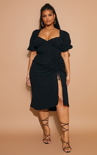 Plus Black Puff Sleeve Ruched Split Side Midi Dress
