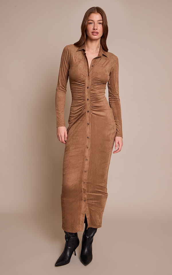 Chocolate Faux Suede Long Sleeve Ruched Button up Maxi Dress