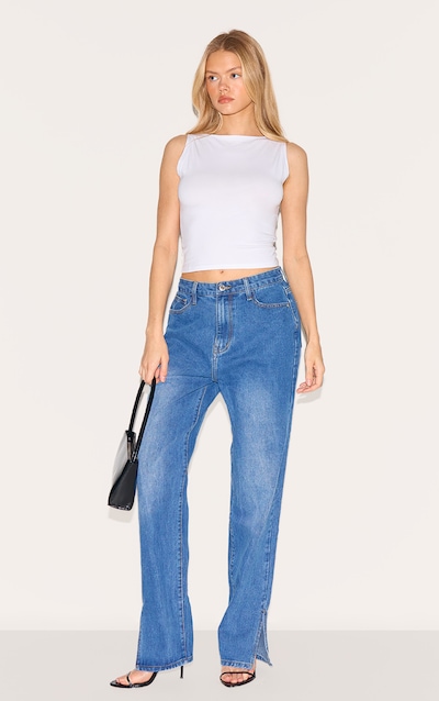 Mid Blue Wash L30 Denim Split Hem Jeans