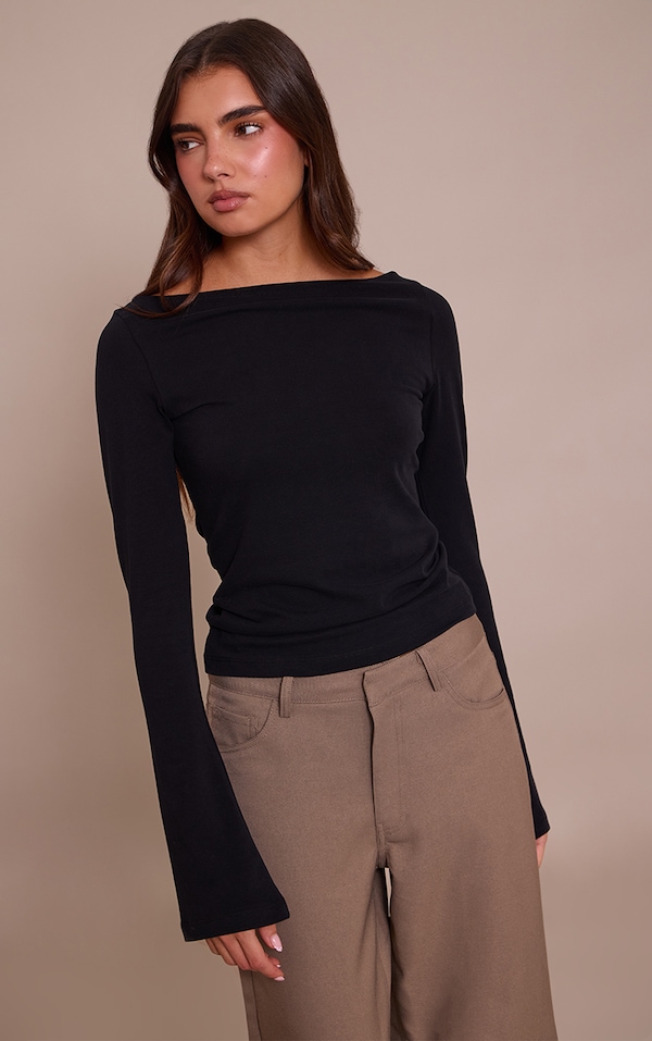 Black Soft Cotton Boat Neck Flared Long Sleeve Top